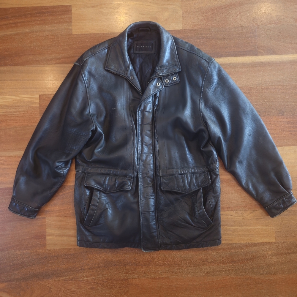 Vintage Baracuta Leather Black Jacket Quilted Lining Zip Up Snap Pockets Large